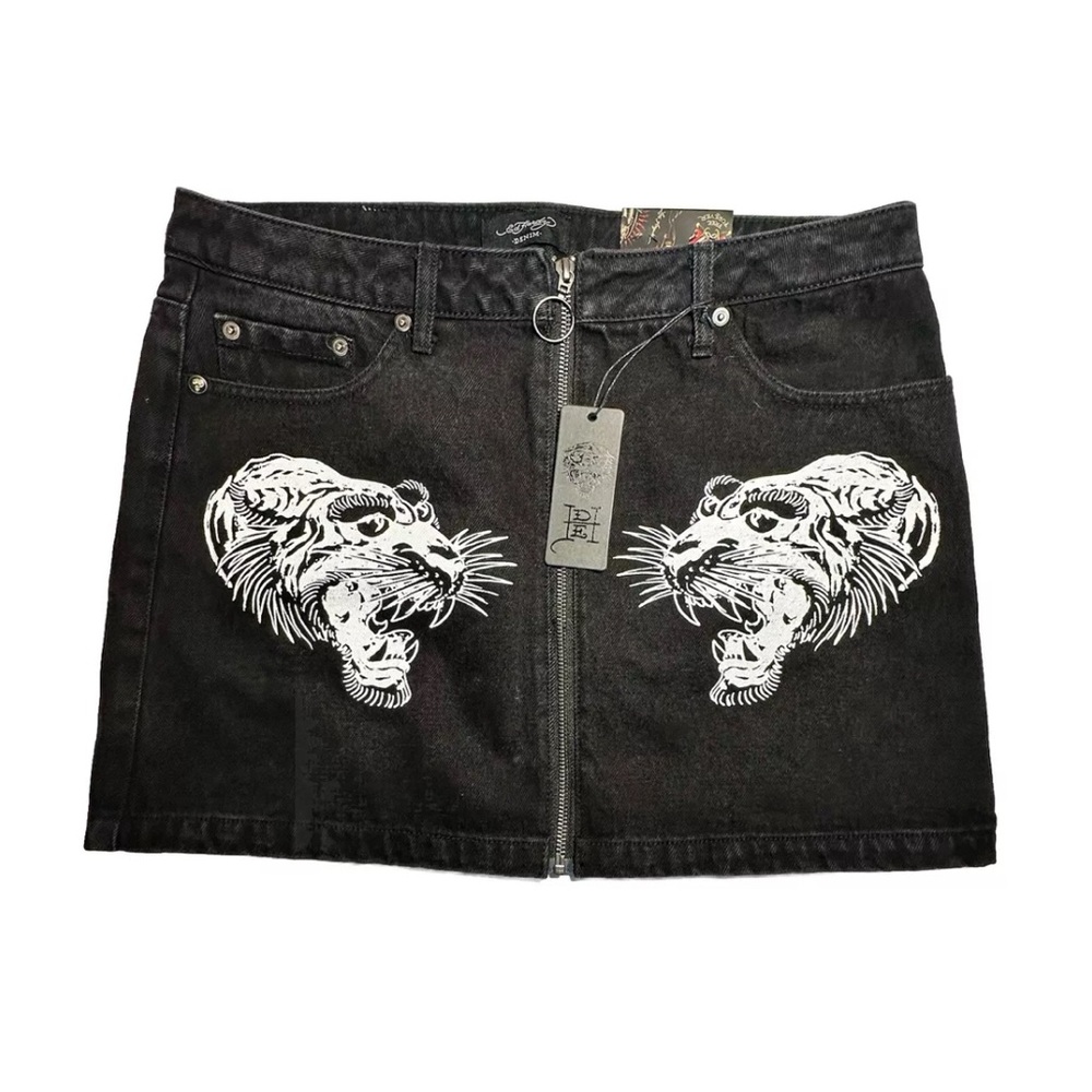 Ed Hardy Tigers Zipper Front Mini Denim Skirt Black Colorful‎ Graphic Design L